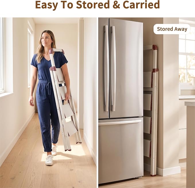 Step Ladder 4-Step White Finish Aluminum Iron Folding Ladders | Anti-slip Sturdy Foldable Ladder Step Stool for Kitchen Home Office Libaray - Image 7
