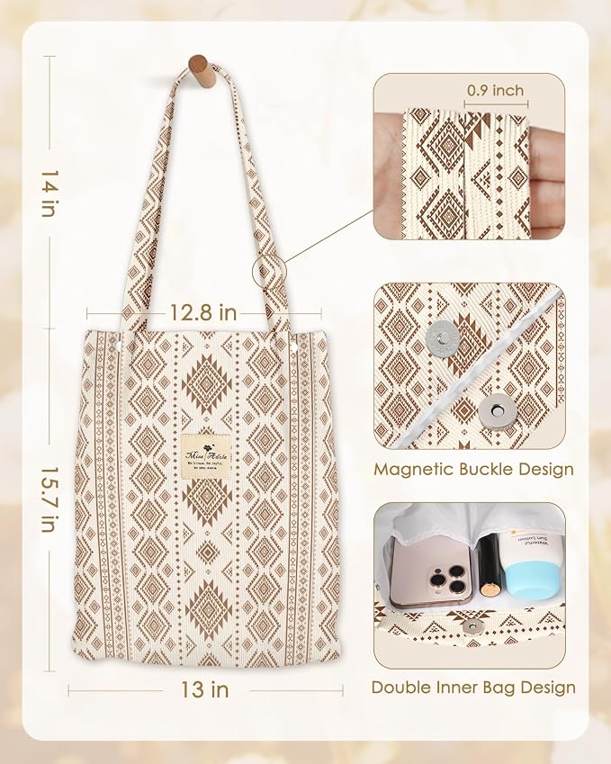 Miss Adola Designer Corduroy Tote Bag for Women | 3 Magnetic Buckles, Aesthetic Pattern, Reusable, Soft, Roomy Carry for Work, Travel, Grocery Runs - Image 5
