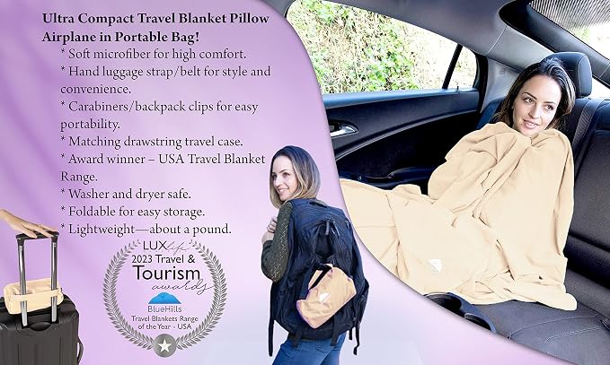 BlueHills Ultra Compact and Compact Light Travel Blankets for Two Value Pack Set of 2 – Airplane Travel Essentials Soft Flight Trips Throw in Portable Cases for Car Plane Travel Gifts – Beige - Image 8
