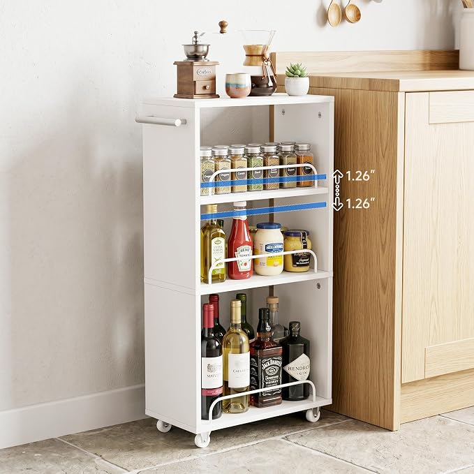 7.7'' Slim Rolling Storage Cart 4 Tier Wood Utility Cart Spice Rack Kitchen | Slide Out Narrow Rolling Cart with Adjustable Shelves,with Handle for Kitchen Laundry Bathroom Small Space - Image 6