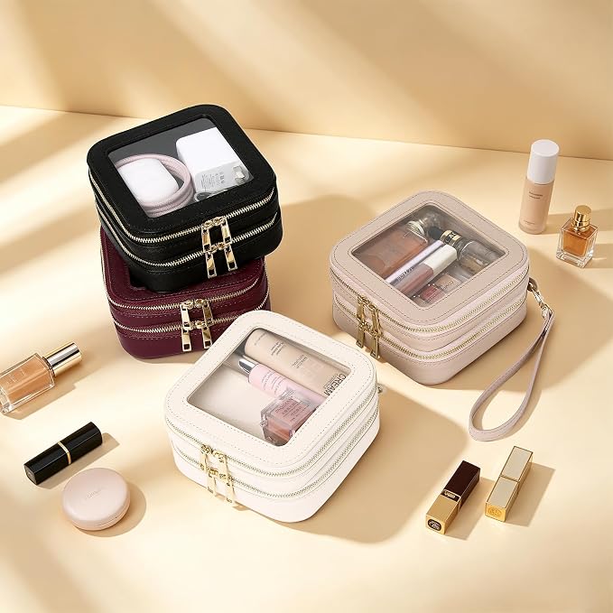 Pinkmik Double Layer Makeup Bag (Beige, 2-Layer MINI) | Small Clear Makeup Pouch, Mini Travel Cosmetic & Toiletry Bag, Purse Organizer, Car Essentials for Women - Image 7
