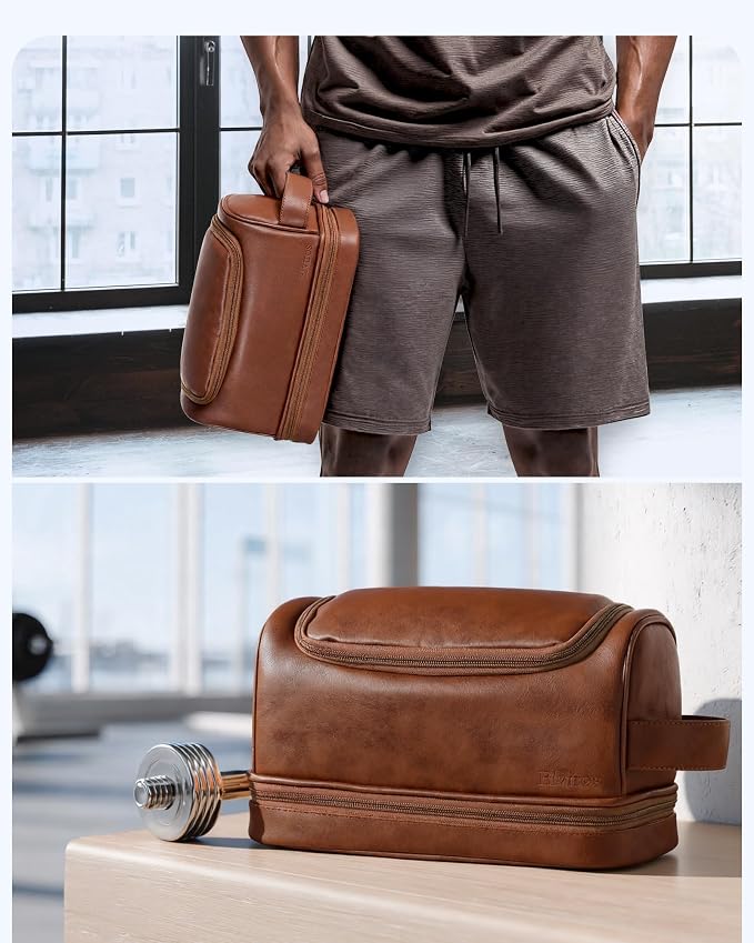 Elviros Hanging Toiletry Bag for Men PU Leather Shaving Dopp Kit, Brown | Water-Resistant Travel Organizer with Hanging Hook for Toiletries, Shaving Tools, Grooming Items, and Men’s Gifts - Image 8