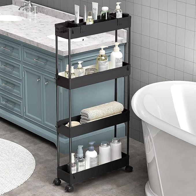 2-piece Set Slim Storage Cart 3 Tier,Bathroom Organizer Rolling Utility,Mobile Shelving Unit Slide Out for Office, Kitchen, Laundry Room & Narrow Places - Image 5