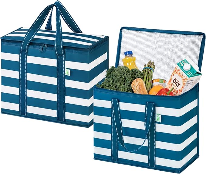 VENO 2 Pack Insulated Cooler Bag Reusable Grocery Bag for Food Delivery | Heavy Duty Large Collapsible Cooler Shopping Tote w/ Zippers,Foldable,Stands Upright for Camping(Classic Navy Stripe,2 Pack) by Veno