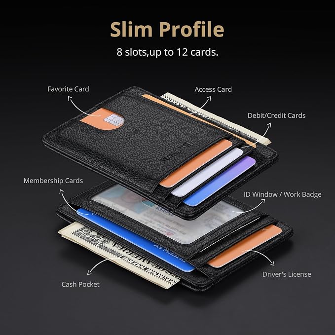 Buffway Slim Minimalist Front Pocket RFID Blocking Leather Wallets for Men and Women - Lichee Black - Image 4