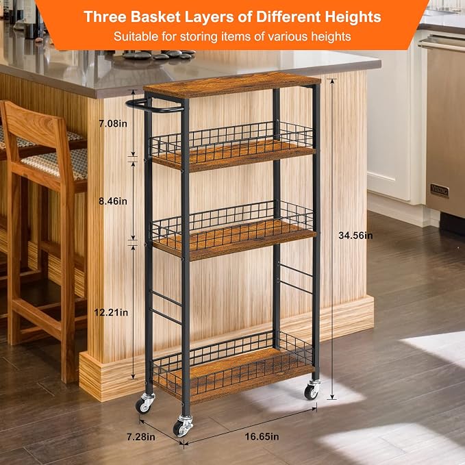 YBING Slim Storage Cart 4 Tier Narrow Kitchen Rolling Cart | Wooden Tabletop, Mobile Utility Stand on Wheels, For Bathroom Laundry Narrow Places, Rustic Brown 16.5"L x 7.3"W x 34.6"H - Image 7