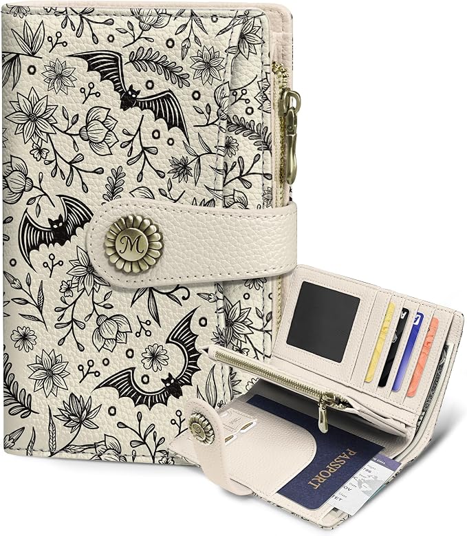 Goth Bat Wallet Women RFID, Passport Holder, Credit Card Holder | 6.7" x 4.4" x 1.3" Bifold, Travel billfold, Zipper Pocket, PU Leather, Clutch, Purse, ID Window, Pen Holder, Gift Ladies Girl by Mavellin