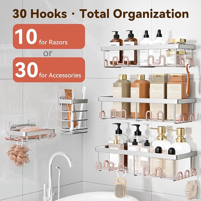Shower Caddy Adhesive, Rustproof Shower Organizer, Wall Shower Rack | Large Capacity Shower Shelves for Inside Shower, Shampoo Shower Holder, Silver, 3 Caddies, 1 Soap Dish, 1 Toothbrush Holder - Image 3