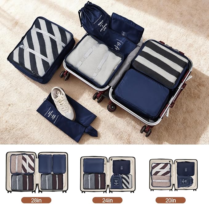 Packing Cubes for Travel, 8 Set Luggage Organizer Bags Travel Cubes for Packing Compression Luggage Cubes for Suitcase Carry on Travel Essentials with Laundry & Toiletry Bag（navy） - Image 3