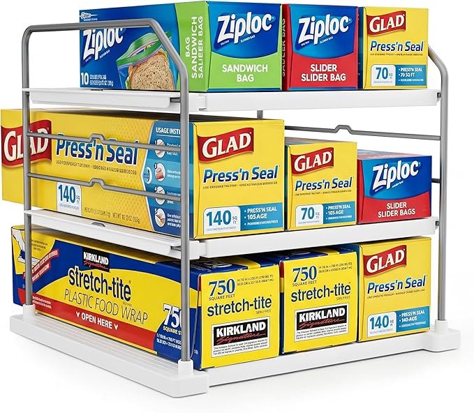 EVERIE Extendable 3-Tier Kitchen Cabinet & Pantry Organizer for Plastic Wrap, Foil & Storage Bags, Adjustable Heavy Duty Shelf Rack for Wrap Boxes, Jars & Snack Boxes (11–16.7 in Wide), Pack of 1 by EVERIE
