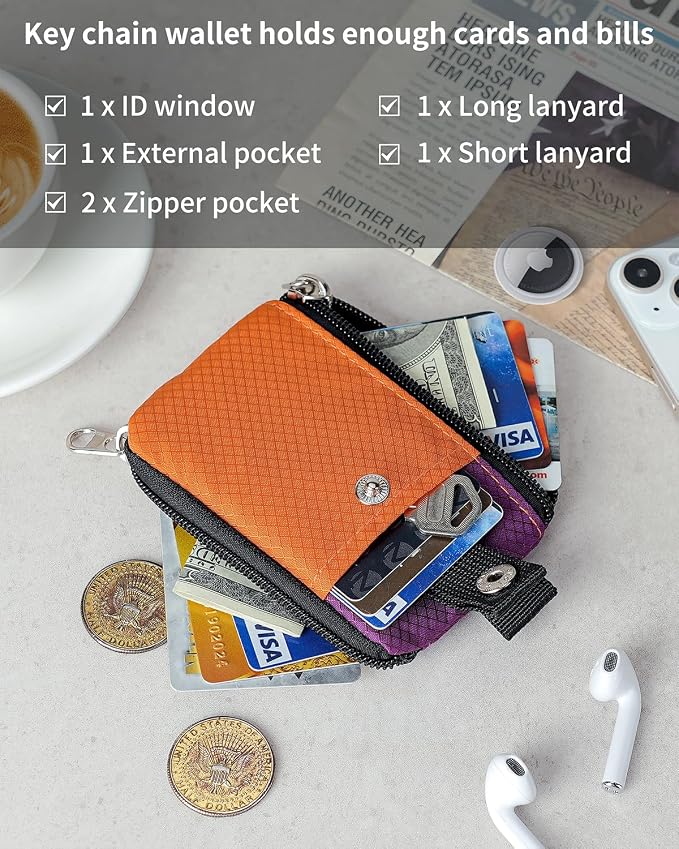 Artpaxy Minimalist Wallet For Mens Womens, Keychain RFID Blocking Zipper Small Wallet with ID Window 2 Lanyards,Water Resistant Travel Cash Card Coin Case Boys Girls - Image 5