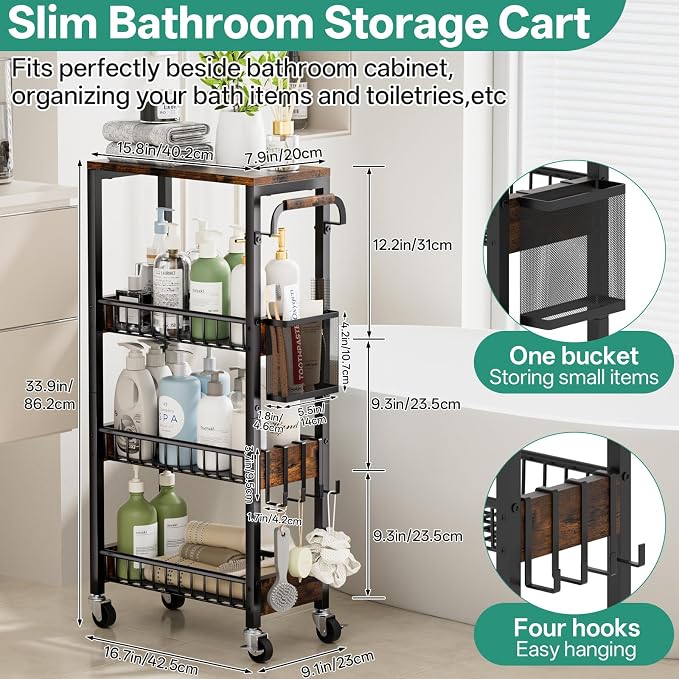 DTUQYX Slim Bathroom Storage Cart, 4 Tier Small Rolling Organizer Cabinet with Wood Top Handle, Mobile Shelving Unit Slide Out for Office, Kitchen, Laundry Room & Narrow Places (9.1" W Wood Basket) - Image 2