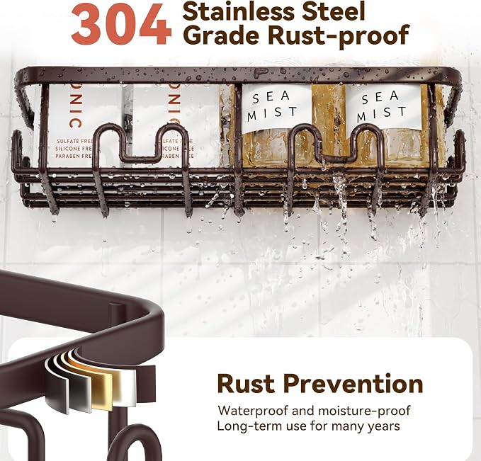 Shower Caddy Adhesive, Rustproof Shower Organizer, Wall Shower Rack | Large Capacity Shower Shelves for Inside Shower, Shampoo Shower Holder, Bronze, 2 Caddies, 2 Soap Dishes, 1 Toothbrush Holder - Image 5