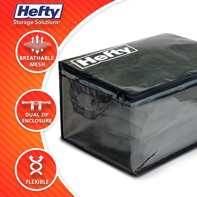 Hefty Large Flexible Tote with Breathable Mesh, Double Zipper, 2 Handles – Ideal for Moving or Clothes & Apparel Storage, Alternative to Plastic Bin, Organizer or Container – 2 Pack - Image 3