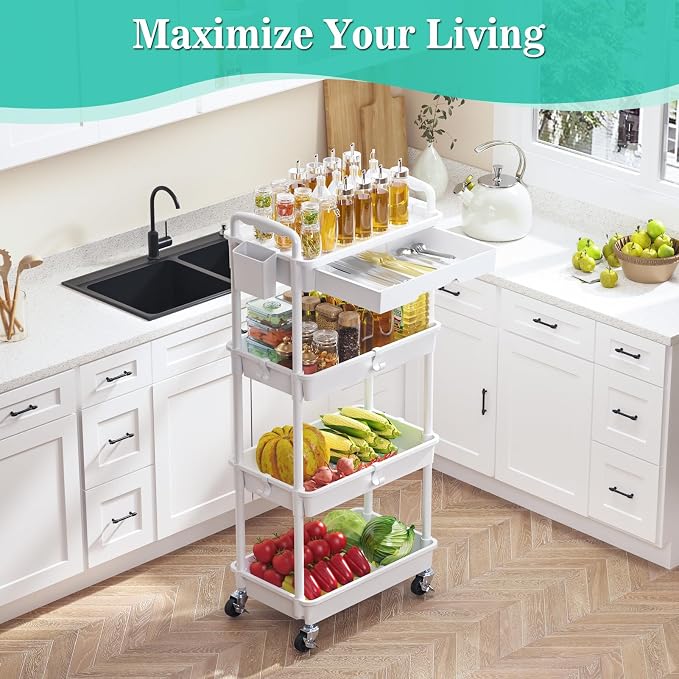 SUNALLY 4 Tier Rolling Cart with Drawer, Craft Storage Cart Organizer,White | Bathroom Storage Organizer with 2 Lockable Wheels, Rolling Utility Cart for Kitchen, Office, Baby, Makeup, Nail,Snack,Laundry - Image 6