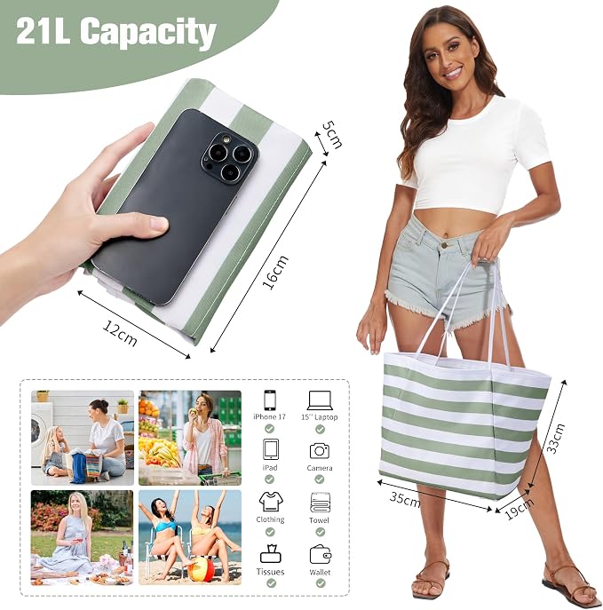 KALIDI Beach Tote Bag Women Large Waterproof Sandproof Shoulder Handbags | Foldable Grocery Bag Striped Pool Bag Lightweight Travel Purse for Picnic Travel Vacation Casual Errands Everyday Daily - Image 2