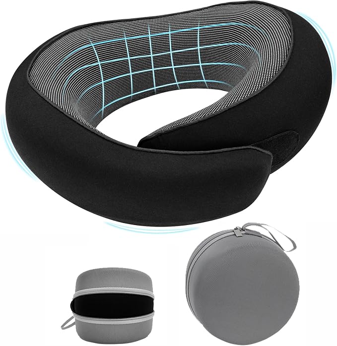 Travel Neck Pillow for Airplane - 100% Memory Foam 360° Ergonomic Support - Adjustable Velcro, Washable Velvet Cover & Compact Storage Case - Flight Essentials for Sleeping (Black) by Unknown