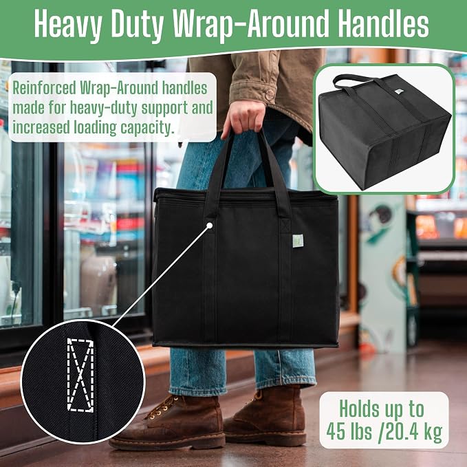VENO 3 Pack Insulated Cooler Reusable Grocery Shopping Bag Food Delivery | Large Collapsible Cooler, Reusable Shopping Tote w/ Zippers, Foldable, Stands Upright, for Groceries Camping (Black, 3 Pack) - Image 4