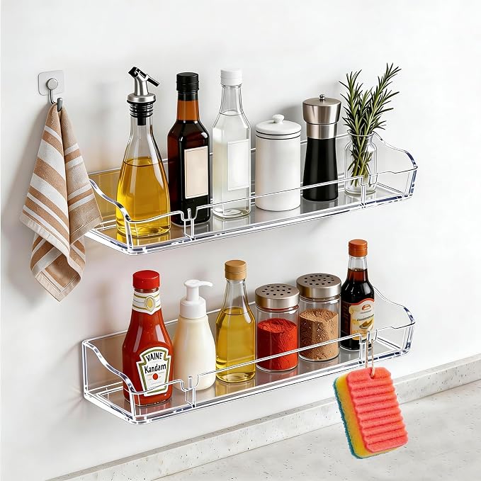 Floating Shelves for Wall, Acrylic, Clear, 2 Count | Wall Mounted with Rack, No Drill, Kitchen, Living Room, Bedroom, Storage and Bathroom Wall Organizer by EIIXMSO