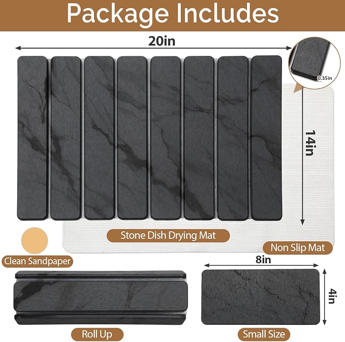2 PCS Stone Dish Drying Mat for Kitchen Counter,Quick Dry Stone Dishes Mats,Marbled Water Absorbing Diatomaceous Earth Drying Pad for Countertop Bottles Utensils Cups（Dark Gray 20"×14" & 8"x4"） - Image 2