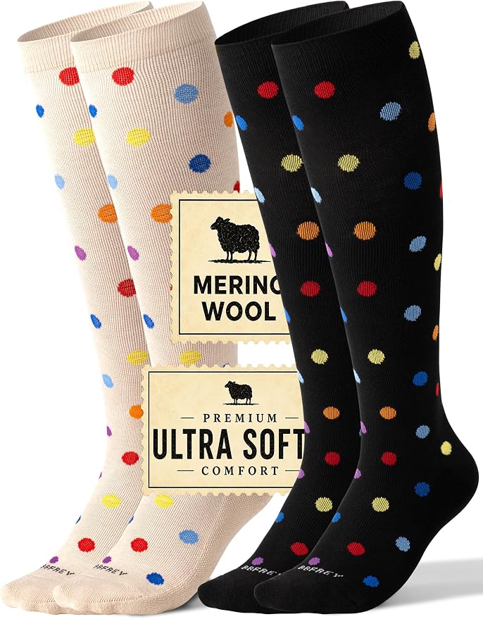 Silky-Soft Merino Wool Compression Socks 15-20 mmHg for Women & Men 2 Pairs | High-Stretch Adaptive Fit | Moisture-Wicking & Breathable | Seamless Toe| Cushioned Sole | Ideal for Flying, Travel & Running by Bbfrey