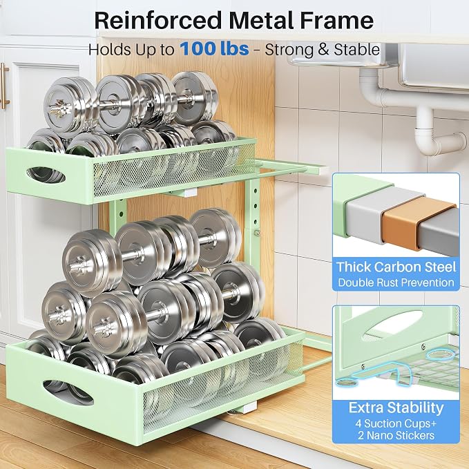 Under Sink Organizer, 2 Tier Pull Out Under Cabinet Organizer Shelf with Pad for Framed Cabinets, Metal Slide Out Under Sink Storage, Mesh Sliding Drawers for Kitchen Bathroom Laundry(Green, 1 Pack) - Image 6