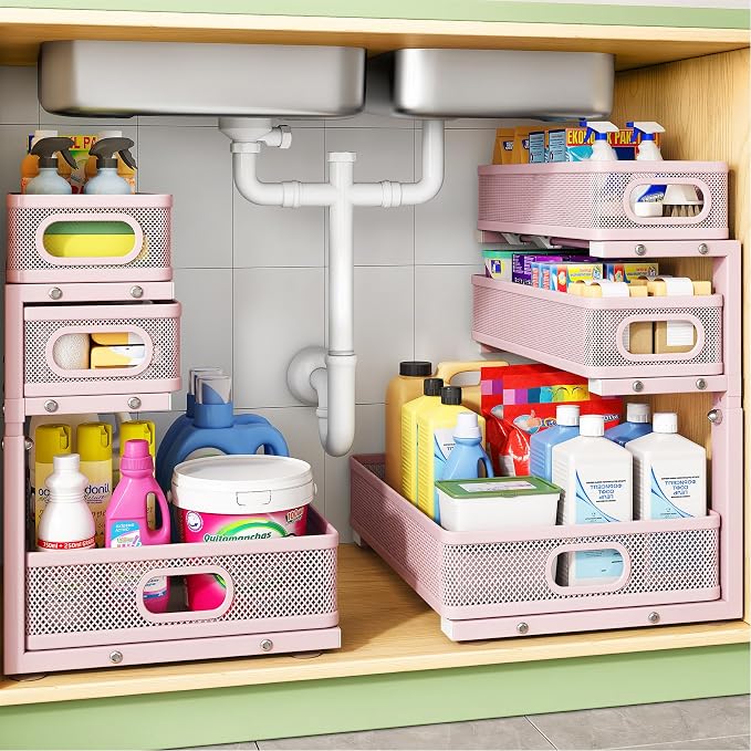 Kitstorack Under Sink Organizer, 2-Pack 3-Tier Height Adjustable Thickened Metal Pull out Cabinet Organizer Shelf, Slide out Storage Drawer Rack for Bathroom Kitchen Pantry Home Organization, Pink by Kitstorack