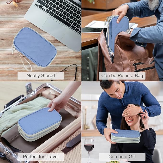 FYY Electronic Organizer, Travel Tech Pouch, Cable Organizer Blue Quilted | Wrist Strap, Waterproof, Double Layers Portable Electronics Travel Carrying Case for Cord, Charger, Daily Business Trips Use - Image 7