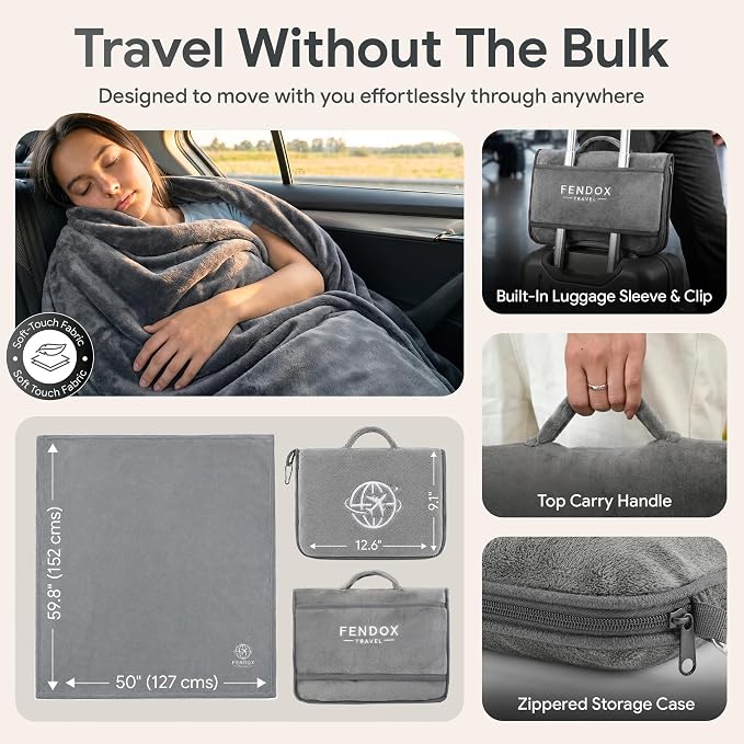 2-in-1 Travel Blanket and Pillow – Lightweight, Compact, Ultra Soft, Machine Washable – Handle, Luggage Sleeve, Backpack Clip – for Travel Airplane, Car, Office (Gray) - Image 3