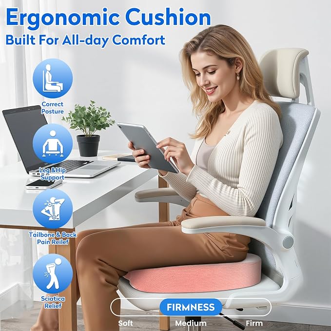 CushZone Memory Foam Seat Cushion for Office, Car & Wheelchair, Pink | U-shaped Coccyx Cutout, Contoured Design, Breathable Removable Mesh Cover, Non-Slip Base, Carry Handle - Image 6