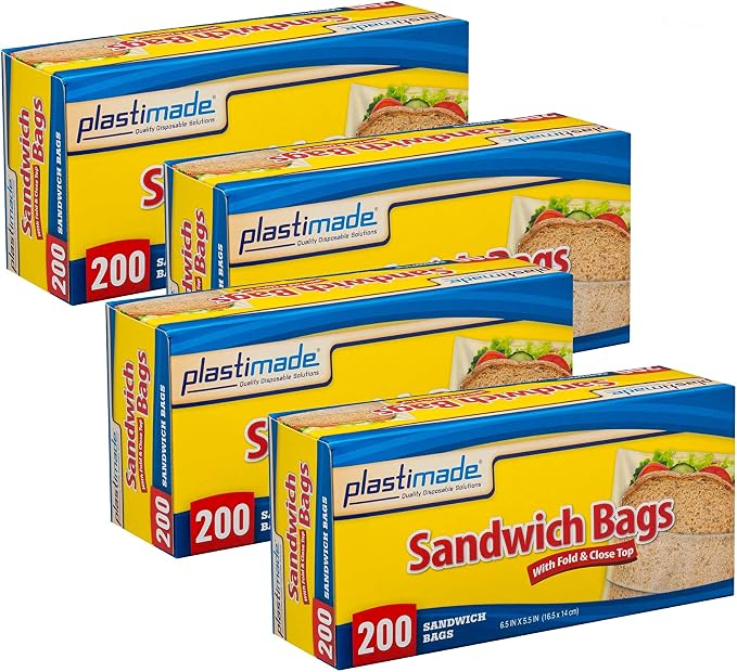Sandwich Bags With Fold & Close Top (6.5 in X 5.5) in 200 Count Pack of 4 | Flip flap closure for school snacks, produce & portion control; no zipper design, easy open for kids, work & meal prep by PlastiMade