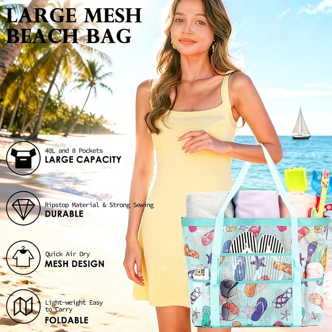 Fammart Mesh Beach Bag for Women, Large Beach Toy Pool Bag with Zipper Pocket, SandProof Cruise Essentials 2026 Family Travel - Image 3