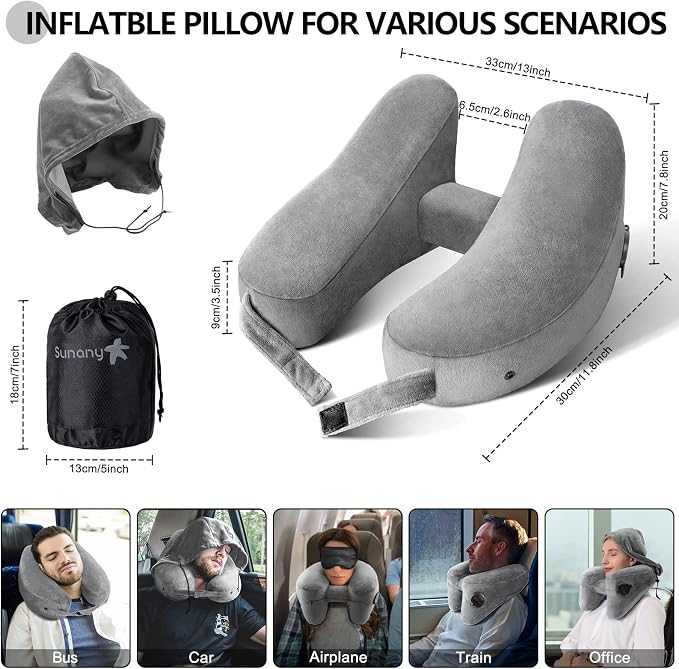 Sunany Neck Pillow for Travel Inflatable Airplane Pillow Comfortably Supports Head,Neck and Chin,Inflatable Travel Pillow with Soft Velour Cover,Hat,Portable Drawstring Bag (Grey) - Image 3