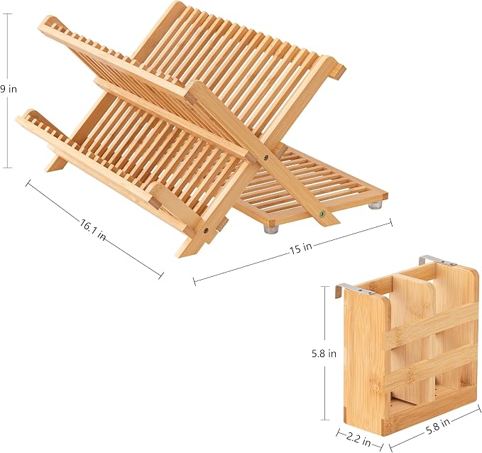 HBlife Bamboo Dish Drying Rack with Utensil Holder, 3-Tier Large Collapsible Wooden Dish Drainer Rack, Folding Drying Holder Dish Drainer for Kitchen Counter - Image 2