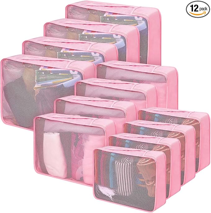 Silkfly 12 Pcs Packing Cubes for Suitcase Travel Luggage Bags Bulk Mesh Organizer Set for Hiking Camping Backpacking Clothes Accessories (Pink,XL, L, M Size) by Silkfly