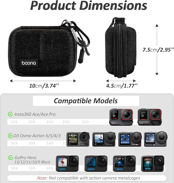 Action Camera Case for DJI Osmo Action 3/4/5 Pro/6, Woven Black | Hard Case Compatible with Insta360 Ace Pro 2, GoPro Hero 13/12/11/10/9 Black, Travel Protective Carrying Case with Carabiner - Image 2
