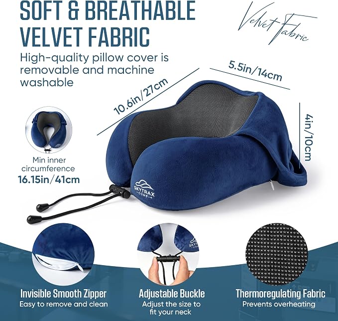 SkytraxComf® Travel Neck Pillow with Hood for Privacy on Long Flights | Memory Foam | Airplane Sleep | Safety-Tested Materials | Extra Large Hood | Chin Support | Earplugs | Washable Cover - Image 6