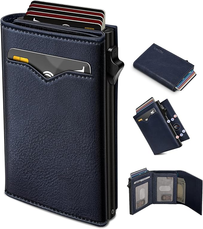 Wallet for Men,with Cash Pocket 2 ID Window 9-13 Cards,Metal Case Smart Slim Pop Up Credit Card Holder Flip with Magnetic Closure RFID Blocking Trifold wallet with Gift Box by Miyozi