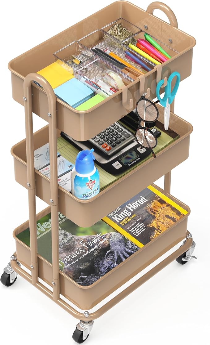 Simple Houseware 3-Tier Heavy Duty Metal Utility Rolling Cart, Khaki - Image 4