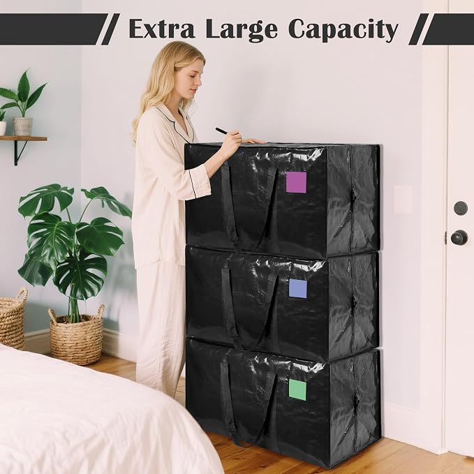 6 Pack Moving Bags with Full-Open Side Zipper, Extra Large 93L Heavy Duty Waterproof Foldable Storage Totes for College Dorm, Moving & Home Organization Black - Image 4