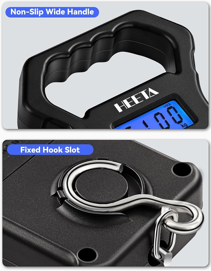 HEETA Fish Scale 110lb/50kg Digital Hanging Fishing Luggage Weight Scale | Portable with Backlit LCD Display, Hook & Non-Slip Large ABS Handle, Fishing Gifts Gear for Men, 2 AAA Batteries Included - Image 5