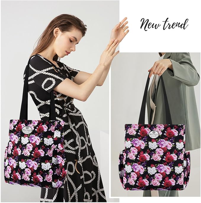 HUA ANGEL Floral Tote Bag - Casual Shoulder Bag Daily Tote Bag with Zipper Gym Travel Shopping Work Handbag for Women - Image 6