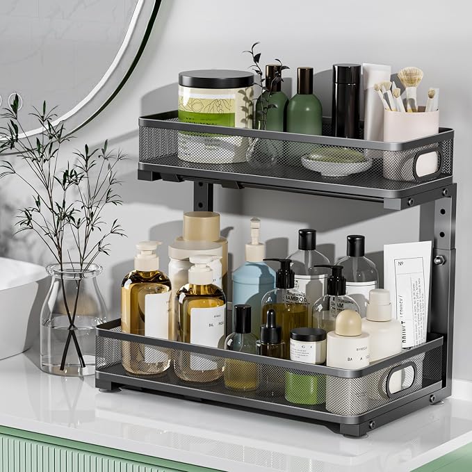 Under Sink Organizer 2 Pack, High Adjustable 2 Tier Under Sink Organizers and Storage, Slide out Metal Cabinet Organizers, Pull out Storage Drawer Shelf for Kitchen Bathroom Cabinet (Black) - Image 7