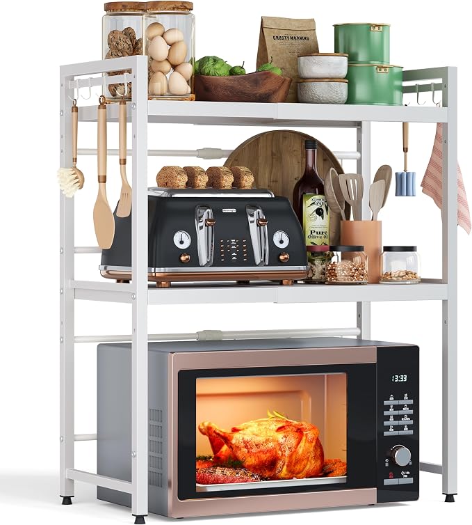3 Tier Expandable Microwave Stand countertop,Microwave Oven Rack | microwave shelf, storage shelves for pans &appliances,Adjustable partition height，55 Lbs load Per Tier,White by NETELOfficial