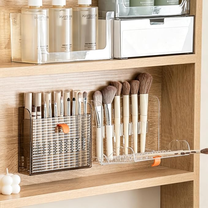 Foldable Adhesive Makeup Brush Holder, 16-Slot Clear Acrylic Organizer with Dual-Row Snap Buckle, Slim No-Drill Design for Medicine Cabinet & Vanity - Image 6