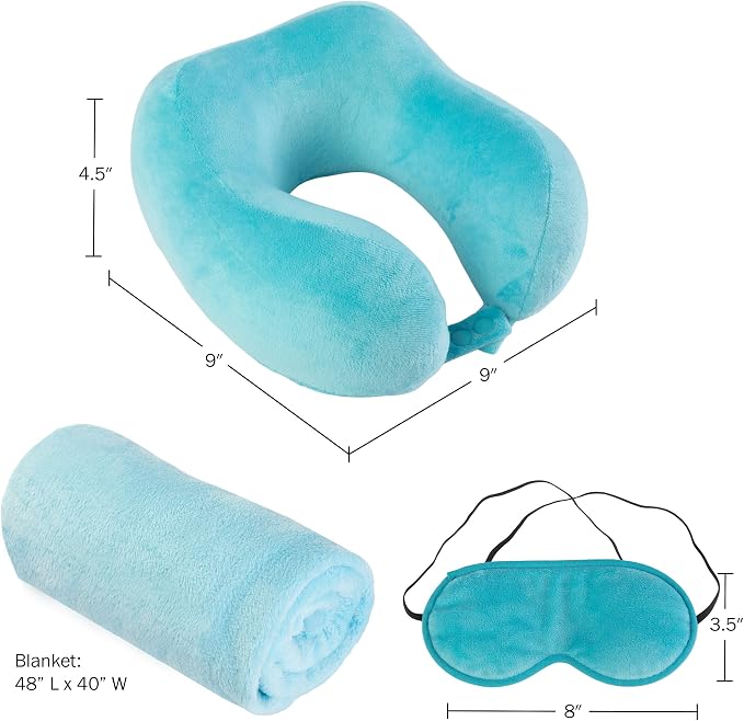 Home-Complete Travel Pillow Set - Memory Foam Pillow, Fleece Blanket, and Eye Mask - Travel Essentials for Airplanes, Trains, Cars, Buses (Blue) - Image 2