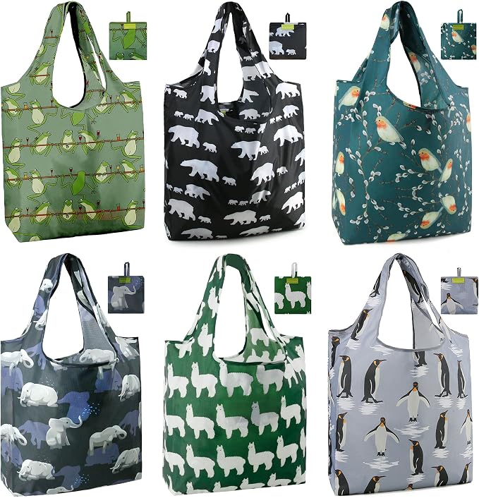 BeeGreen Animal Reusable Shopping Bags Cute Grocery Bag 6 Pack, Christmas Gift Bags Heavy-Duty Foldable Shopping Totes for Supermarket, Work & Travel, Large Washable Polyester Tote Bag with Handles by BeeGreen