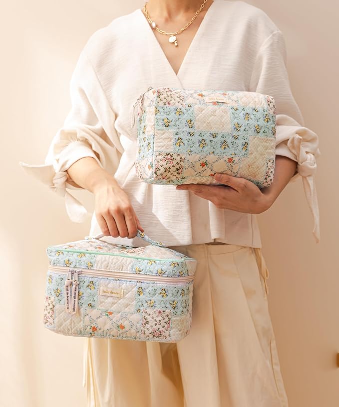 HBselect Quilted Makeup Bag, 3Pcs Cotton Large Travel Makeup Bags Organizer | Cute Floral Make up Bag Cosmetic Bag Toiletry Bag for Women Girls, Makeup Pouch for Skincare, Brushes & Travel Essentials - Image 7