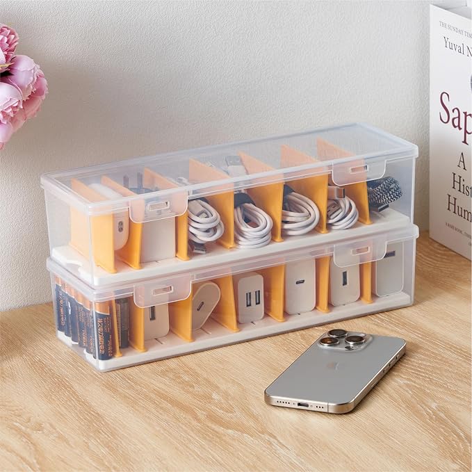 2 Pack Cable Organizer Storage Box with 16 Cable Ties, Clear Phone Charger Organizer Case Wire Organizers for Cords Electronic Storage Box for Drawer Desk Office Home - Image 7