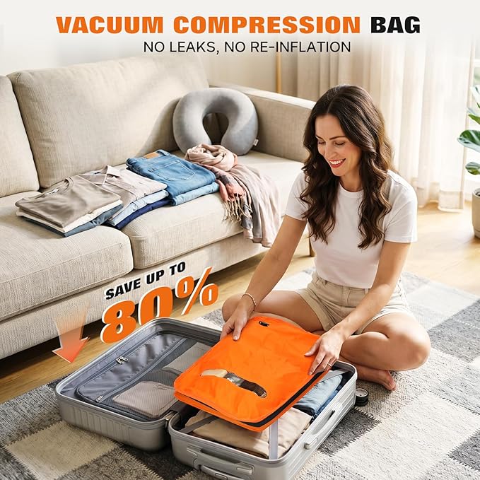Vacuum Bags for Travel with Wired Pump, Travel Compression Bags for Clothes, 180° Open Zipper, Save 80% Space, IP68 Waterproof Travelpack Vacuum Kit for Luggage, Suitcase, Home Storage (2 Pack + Pump) - Image 2